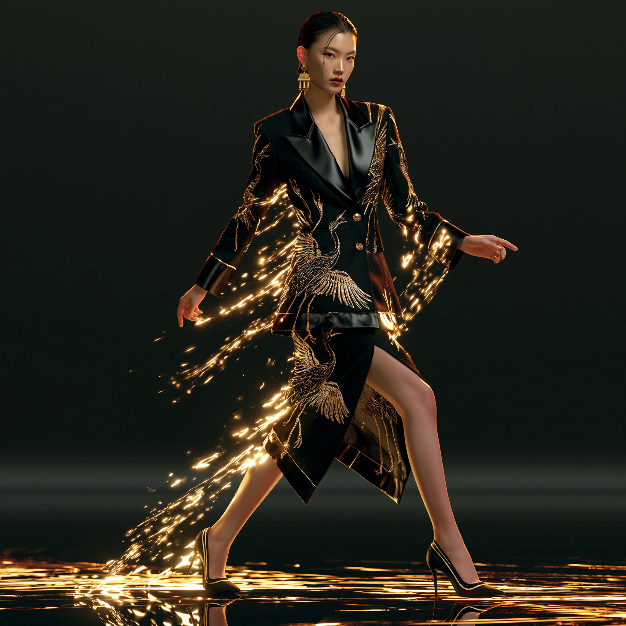 FLASKIAN black tailoring with gold crane construction